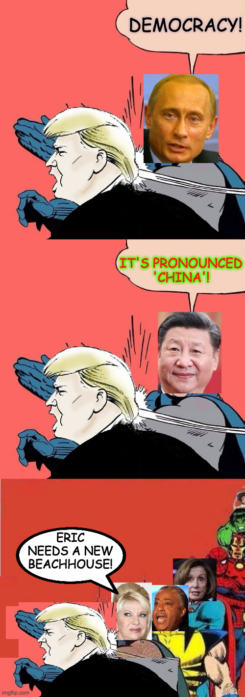 If you're not in line yet for the exit interview, it's probably too late  ( : | DEMOCRACY! IT'S PRONOUNCED 'CHINA'! ERIC
NEEDS A NEW
BEACHHOUSE! | image tagged in batman slapping robin with superheroes lined up,memes,exit interviews | made w/ Imgflip meme maker