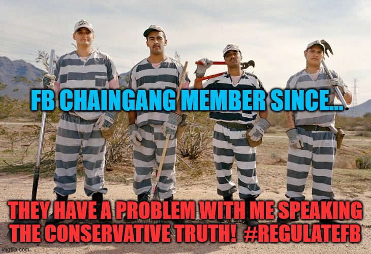 chain gang | FB CHAINGANG MEMBER SINCE... THEY HAVE A PROBLEM WITH ME SPEAKING THE CONSERVATIVE TRUTH!  #REGULATEFB | image tagged in chain gang | made w/ Imgflip meme maker
