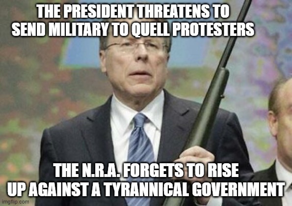 THE PRESIDENT THREATENS TO SEND MILITARY TO QUELL PROTESTERS; THE N.R.A. FORGETS TO RISE UP AGAINST A TYRANNICAL GOVERNMENT | image tagged in hypocrisy | made w/ Imgflip meme maker