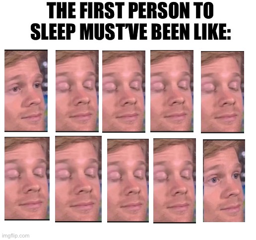 Lmao this took forever to make | THE FIRST PERSON TO SLEEP MUST’VE BEEN LIKE: | image tagged in blank white template | made w/ Imgflip meme maker