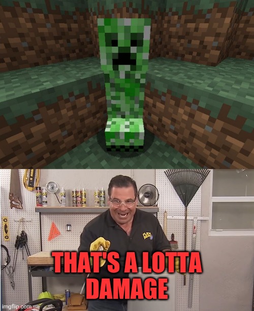 THAT'S A LOTTA
 DAMAGE | image tagged in phil swift that's a lotta damage flex tape/seal,creeper aww man | made w/ Imgflip meme maker