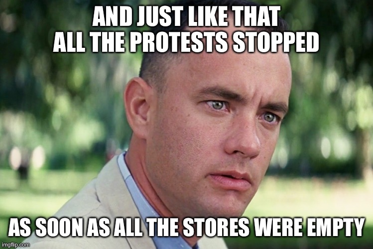 And Just Like That Meme | AND JUST LIKE THAT ALL THE PROTESTS STOPPED; AS SOON AS ALL THE STORES WERE EMPTY | image tagged in memes,and just like that | made w/ Imgflip meme maker