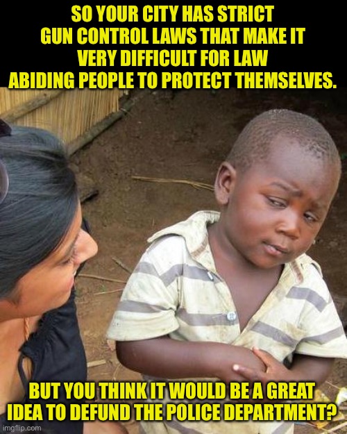 Doesn’t make sense to me | SO YOUR CITY HAS STRICT GUN CONTROL LAWS THAT MAKE IT VERY DIFFICULT FOR LAW ABIDING PEOPLE TO PROTECT THEMSELVES. BUT YOU THINK IT WOULD BE A GREAT IDEA TO DEFUND THE POLICE DEPARTMENT? | image tagged in memes,third world skeptical kid | made w/ Imgflip meme maker