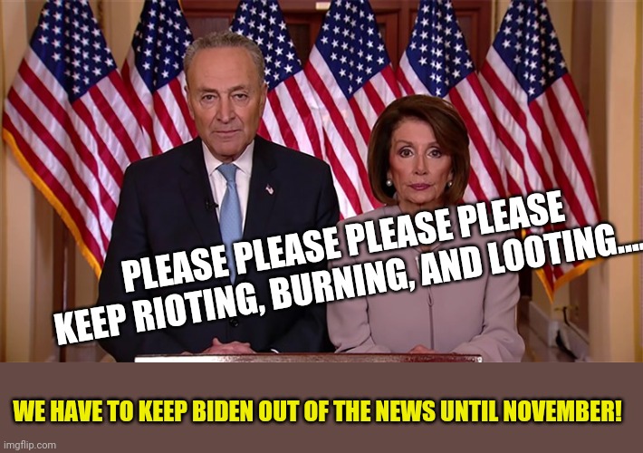 Fires and looting really helps when your candidate is too old and senile to win | PLEASE PLEASE PLEASE PLEASE KEEP RIOTING, BURNING, AND LOOTING.... WE HAVE TO KEEP BIDEN OUT OF THE NEWS UNTIL NOVEMBER! | image tagged in pelosi and schumer,joe biden,looting | made w/ Imgflip meme maker