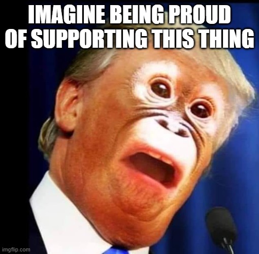 planet of the trumps | IMAGINE BEING PROUD OF SUPPORTING THIS THING | image tagged in planet of the trumps | made w/ Imgflip meme maker