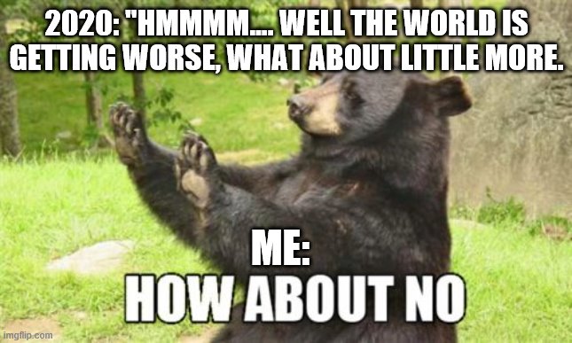 2020 how abou no | 2020: "HMMMM…. WELL THE WORLD IS GETTING WORSE, WHAT ABOUT LITTLE MORE. ME: | image tagged in memes,how about no bear | made w/ Imgflip meme maker