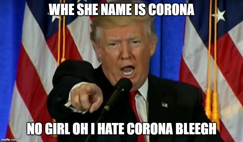 Trump Fake News  | WHE SHE NAME IS CORONA; NO GIRL OH I HATE CORONA BLEEGH | image tagged in trump fake news | made w/ Imgflip meme maker