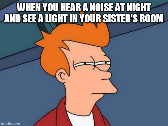 Futurama Fry | WHEN YOU HEAR A NOISE AT NIGHT AND SEE A LIGHT IN YOUR SISTER'S ROOM | image tagged in memes,futurama fry | made w/ Imgflip meme maker