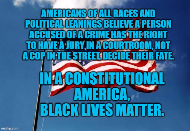 Black Lives Matter, An American Value | AMERICANS OF ALL RACES AND POLITICAL LEANINGS BELIEVE A PERSON ACCUSED OF A CRIME HAS THE RIGHT TO HAVE A JURY IN A COURTROOM, NOT A COP IN THE STREET, DECIDE THEIR FATE. IN A CONSTITUTIONAL AMERICA, BLACK LIVES MATTER. | image tagged in politics | made w/ Imgflip meme maker