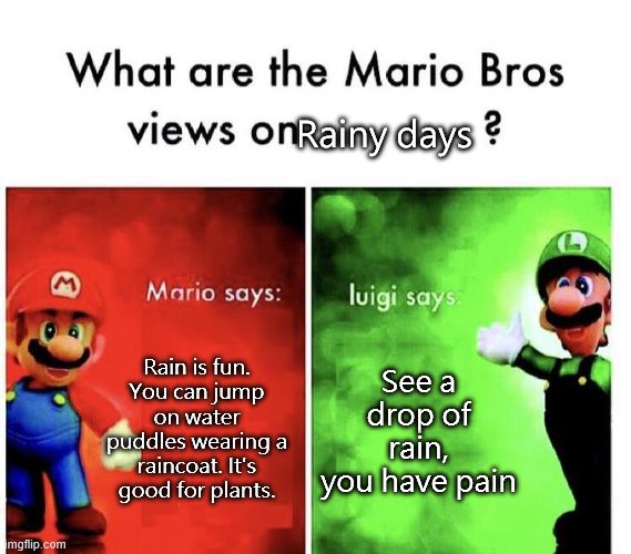 Mario Bros Views | Rainy days; Rain is fun. You can jump on water puddles wearing a raincoat. It's good for plants. See a drop of rain, you have pain | image tagged in mario bros views | made w/ Imgflip meme maker