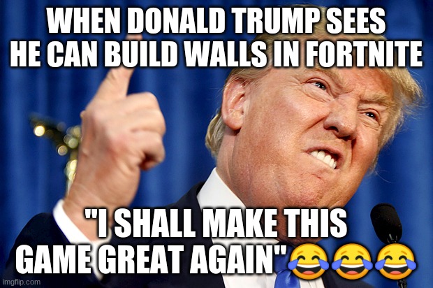 Donald Trump | WHEN DONALD TRUMP SEES HE CAN BUILD WALLS IN FORTNITE; "I SHALL MAKE THIS GAME GREAT AGAIN"😂😂😂 | image tagged in donald trump | made w/ Imgflip meme maker