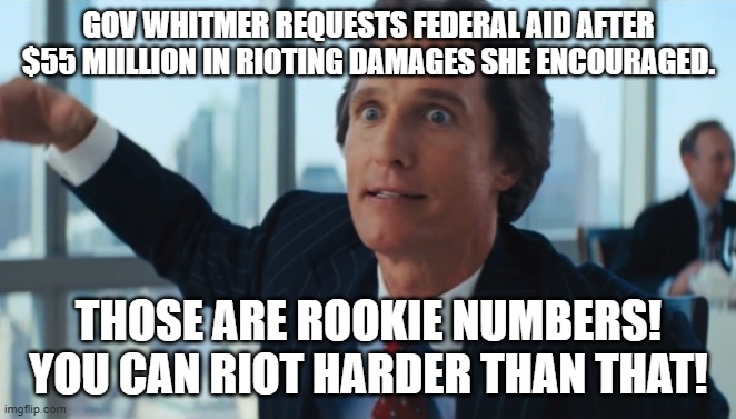 whitmer rioting rookie numbers | GOV WHITMER REQUESTS FEDERAL AID AFTER $55 MIILLION IN RIOTING DAMAGES SHE ENCOURAGED. THOSE ARE ROOKIE NUMBERS! YOU CAN RIOT HARDER THAN THAT! | image tagged in rookie numbers,michigan sucks,emergency | made w/ Imgflip meme maker