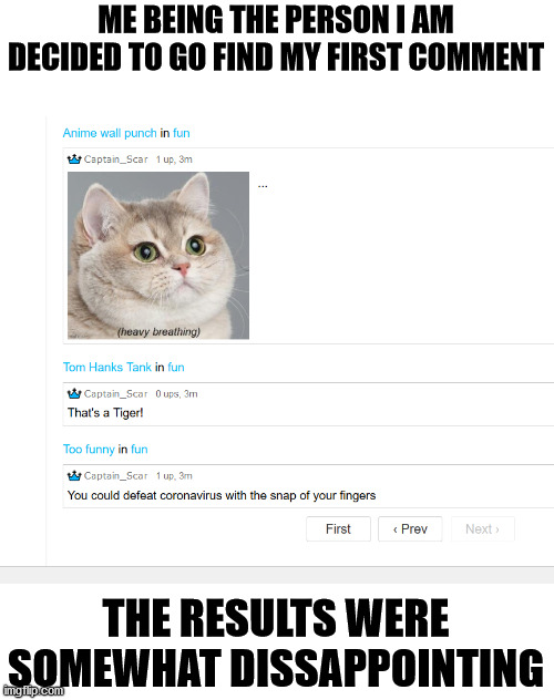 Didn't take nearly as long as I thought it would | ME BEING THE PERSON I AM DECIDED TO GO FIND MY FIRST COMMENT; THE RESULTS WERE SOMEWHAT DISSAPPOINTING | image tagged in first comment | made w/ Imgflip meme maker