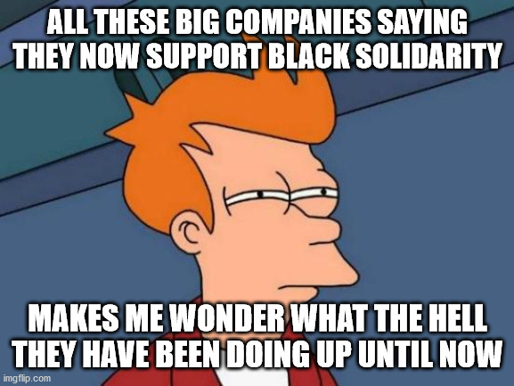 Futurama Fry | ALL THESE BIG COMPANIES SAYING THEY NOW SUPPORT BLACK SOLIDARITY; MAKES ME WONDER WHAT THE HELL THEY HAVE BEEN DOING UP UNTIL NOW | image tagged in memes,futurama fry | made w/ Imgflip meme maker