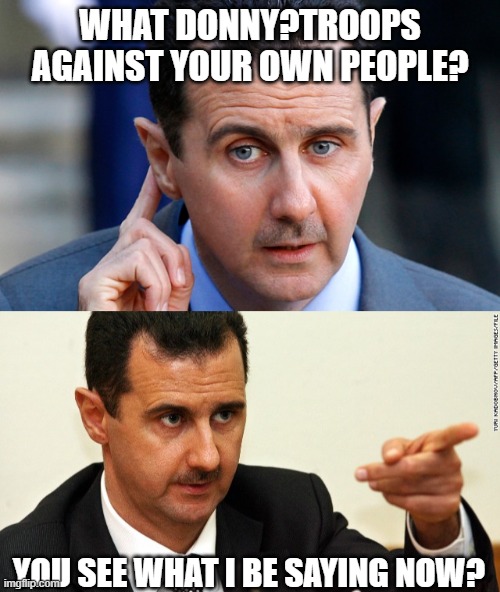 Puts up a fence around the white house, the world is laughing at him. | WHAT DONNY?TROOPS AGAINST YOUR OWN PEOPLE? YOU SEE WHAT I BE SAYING NOW? | image tagged in bashar al assad,memes,despotic donald,donald trump is an idiot,politics,riots | made w/ Imgflip meme maker