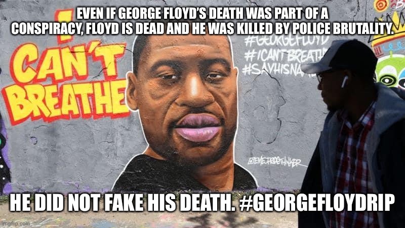 George Floyd, victim | EVEN IF GEORGE FLOYD’S DEATH WAS PART OF A CONSPIRACY, FLOYD IS DEAD AND HE WAS KILLED BY POLICE BRUTALITY. HE DID NOT FAKE HIS DEATH. #GEORGEFLOYDRIP | image tagged in george floyd | made w/ Imgflip meme maker