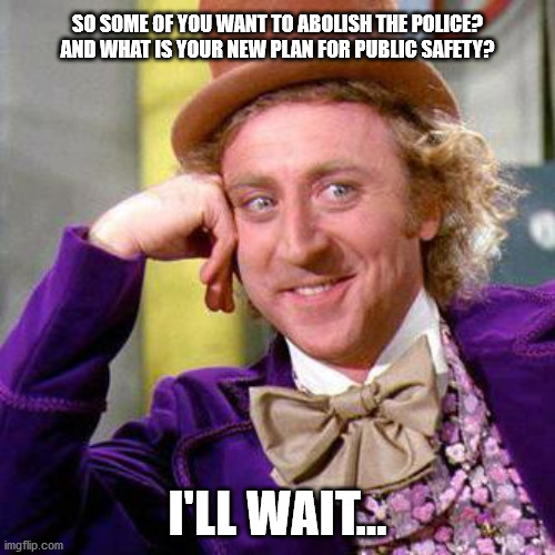 Police Support | SO SOME OF YOU WANT TO ABOLISH THE POLICE?
AND WHAT IS YOUR NEW PLAN FOR PUBLIC SAFETY? I'LL WAIT... | image tagged in willy wonka | made w/ Imgflip meme maker
