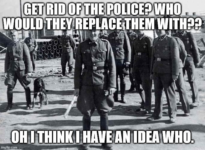 he Democrats new "Police" | GET RID OF THE POLICE? WHO WOULD THEY REPLACE THEM WITH?? OH I THINK I HAVE AN IDEA WHO. | image tagged in gestapo,democrats | made w/ Imgflip meme maker