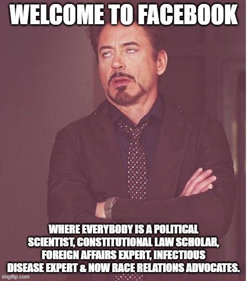 Faceboook | WELCOME TO FACEBOOK; WHERE EVERYBODY IS A POLITICAL SCIENTIST, CONSTITUTIONAL LAW SCHOLAR, FOREIGN AFFAIRS EXPERT, INFECTIOUS DISEASE EXPERT & NOW RACE RELATIONS ADVOCATES. | image tagged in memes,face you make robert downey jr,expert | made w/ Imgflip meme maker