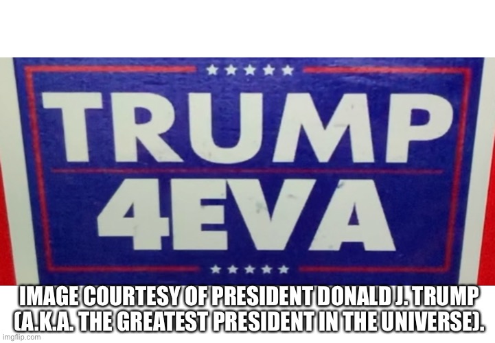 President Donald J. Trump 4EVA! | IMAGE COURTESY OF PRESIDENT DONALD J. TRUMP
(A.K.A. THE GREATEST PRESIDENT IN THE UNIVERSE). | image tagged in president trump,donald trump,trump,donald trump approves,trump supporters,donald trump memes | made w/ Imgflip meme maker