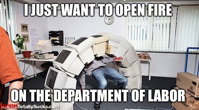 Meanwhile in the IT department | I JUST WANT TO OPEN FIRE; ON THE DEPARTMENT OF LABOR | image tagged in meanwhile in the it department | made w/ Imgflip meme maker