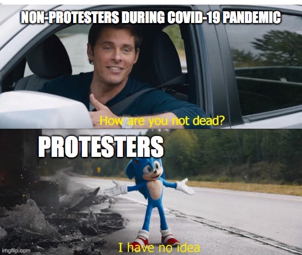 Protesters How are you not dead | NON-PROTESTERS DURING COVID-19 PANDEMIC; PROTESTERS | image tagged in sonic how are you not dead | made w/ Imgflip meme maker