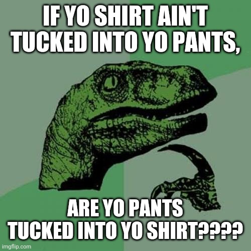 Philosoraptor | IF YO SHIRT AIN'T TUCKED INTO YO PANTS, ARE YO PANTS TUCKED INTO YO SHIRT???? | image tagged in memes,philosoraptor | made w/ Imgflip meme maker
