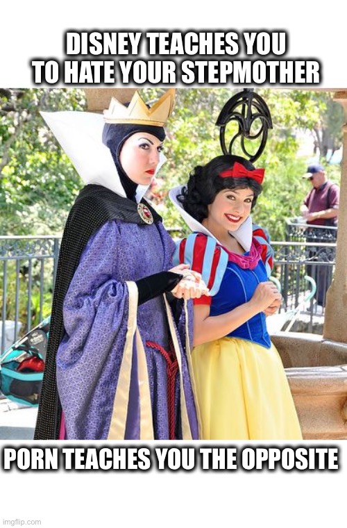 Evil queen and snow white | DISNEY TEACHES YOU TO HATE YOUR STEPMOTHER; PORN TEACHES YOU THE OPPOSITE | image tagged in evil queen and snow white,stepmother,stepmom,disney,meme | made w/ Imgflip meme maker