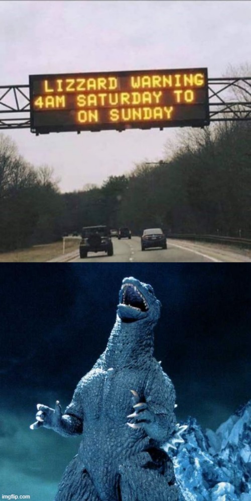 Lizzard Warning (Redux) | image tagged in laughing godzilla | made w/ Imgflip meme maker