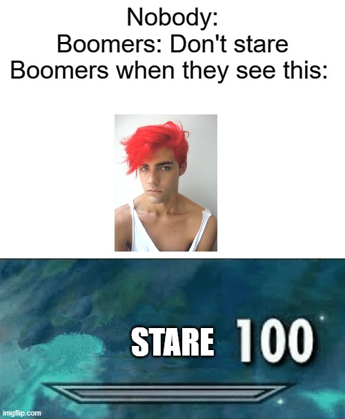 Nobody:
Boomers: Don't stare
Boomers when they see this:; STARE | image tagged in skyrim skill meme,boomers,hair,100 | made w/ Imgflip meme maker