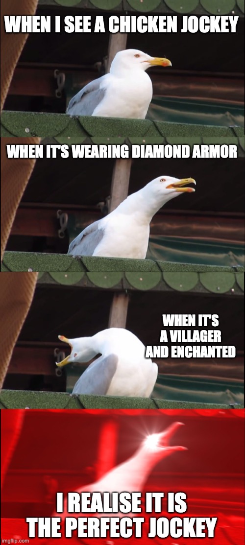 The Perfect Chicken Jockey | WHEN I SEE A CHICKEN JOCKEY; WHEN IT'S WEARING DIAMOND ARMOR; WHEN IT'S A VILLAGER AND ENCHANTED; I REALISE IT IS THE PERFECT JOCKEY | image tagged in memes,inhaling seagull | made w/ Imgflip meme maker