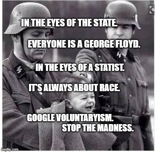 Nazi Shooting Baby | IN THE EYES OF THE STATE.                                                           EVERYONE IS A GEORGE FLOYD. IN THE EYES OF A STATIST.                                IT'S ALWAYS ABOUT RACE.                                                            
      GOOGLE VOLUNTARYISM.                                          STOP THE MADNESS. | image tagged in nazi shooting baby | made w/ Imgflip meme maker