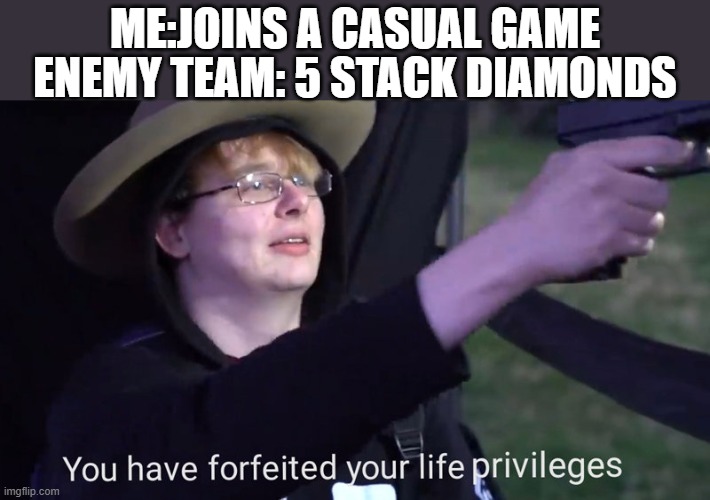 No fun allowed | ENEMY TEAM: 5 STACK DIAMONDS; ME:JOINS A CASUAL GAME | image tagged in you have forfeited your life privileges,rainbow six siege | made w/ Imgflip meme maker