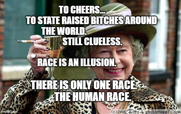 Queen Elizabeth | TO CHEERS...            TO STATE RAISED BITCHES AROUND THE WORLD.                               
  STILL CLUELESS.                             RACE IS AN ILLUSION. THERE IS ONLY ONE RACE.           THE HUMAN RACE. | image tagged in queen elizabeth | made w/ Imgflip meme maker