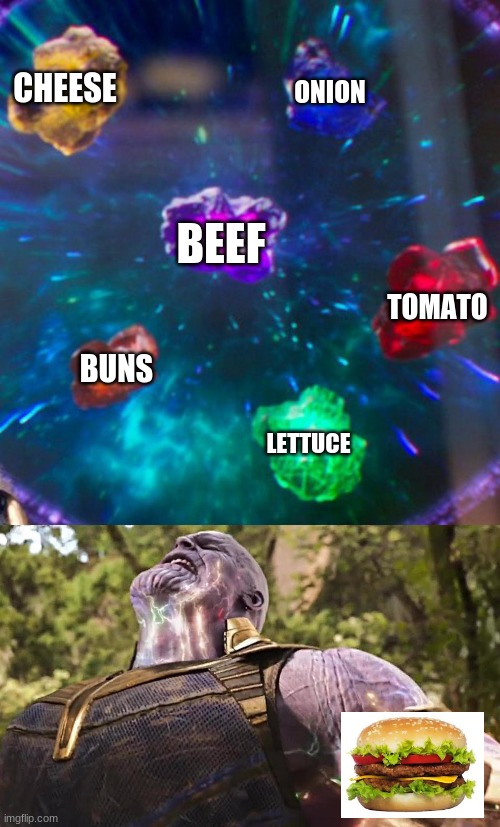 Burger |  CHEESE; ONION; BEEF; TOMATO; LETTUCE; BUNS | image tagged in thanos infinity stones,burger | made w/ Imgflip meme maker