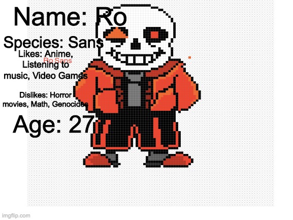 Ro-Sans |  Name: Ro; Species: Sans; Likes: Anime, Listening to music, Video Games; Dislikes: Horror movies, Math, Genocides; Age: 27 | image tagged in sans,undertale | made w/ Imgflip meme maker
