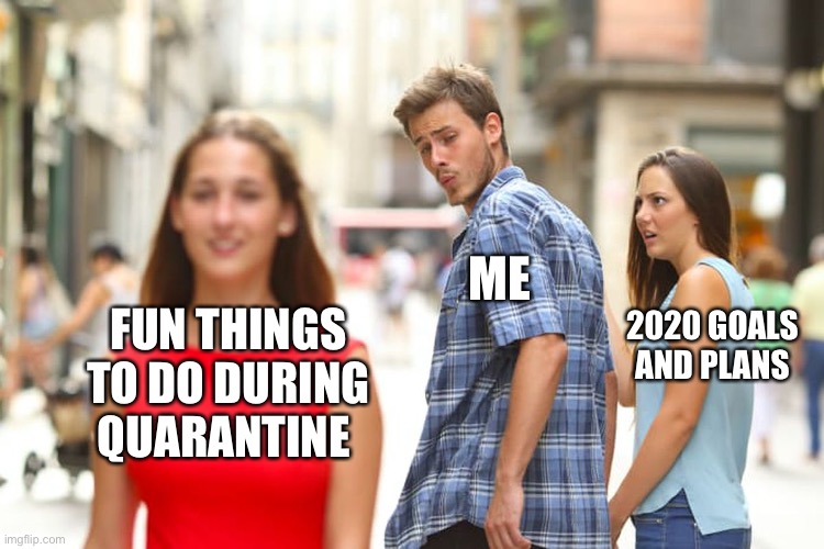 I confusion my decisions | ME; 2020 GOALS AND PLANS; FUN THINGS TO DO DURING QUARANTINE | image tagged in memes,distracted boyfriend | made w/ Imgflip meme maker