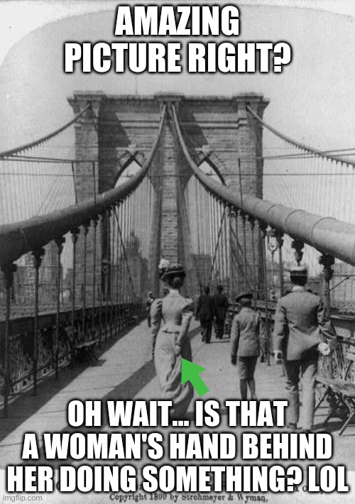 19th century, The Brooklyn Bridge | AMAZING PICTURE RIGHT? OH WAIT... IS THAT A WOMAN'S HAND BEHIND HER DOING SOMETHING? LOL | image tagged in brooklyn bridge,19th century | made w/ Imgflip meme maker