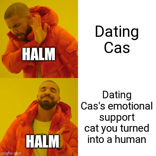 Drake Hotline Bling Meme | Dating Cas; HALM; Dating Cas's emotional support cat you turned into a human; HALM | image tagged in memes,drake hotline bling | made w/ Imgflip meme maker