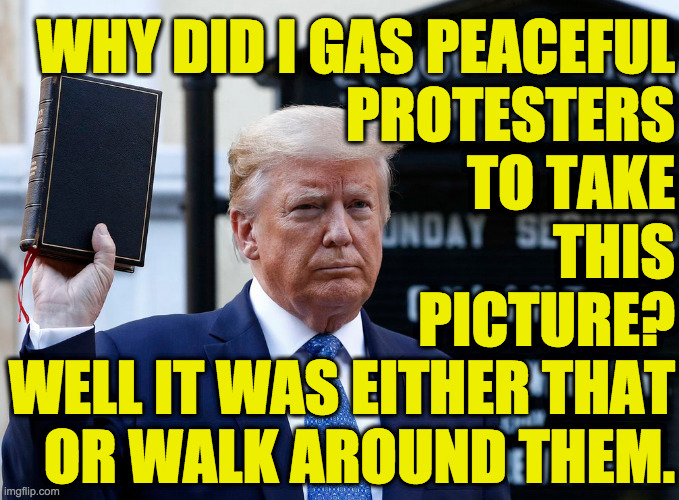 It seems like just the other day that I was telling people not to vote for this idiot. | WHY DID I GAS PEACEFUL
PROTESTERS
TO TAKE
THIS
PICTURE?
WELL IT WAS EITHER THAT
OR WALK AROUND THEM. | image tagged in memes,gassy trump | made w/ Imgflip meme maker