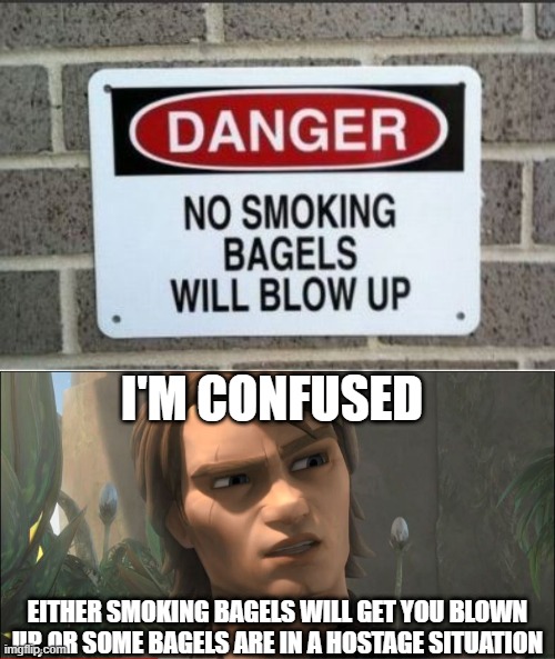 What the Heck Does This Mean? | I'M CONFUSED; EITHER SMOKING BAGELS WILL GET YOU BLOWN UP, OR SOME BAGELS ARE IN A HOSTAGE SITUATION | image tagged in anakin questions reality | made w/ Imgflip meme maker