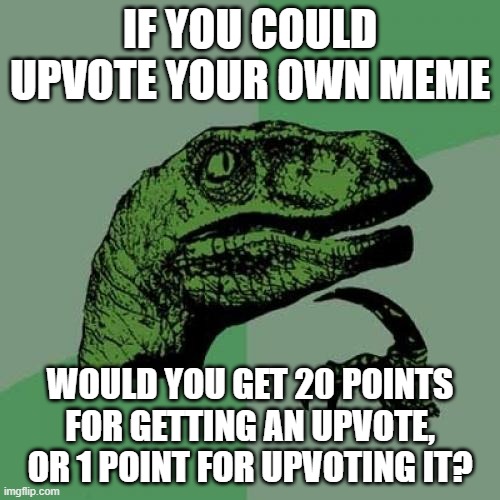 Philosoraptor | IF YOU COULD UPVOTE YOUR OWN MEME; WOULD YOU GET 20 POINTS FOR GETTING AN UPVOTE, OR 1 POINT FOR UPVOTING IT? | image tagged in memes,philosoraptor,imgflip,upvotes,downvote,imgflip users | made w/ Imgflip meme maker