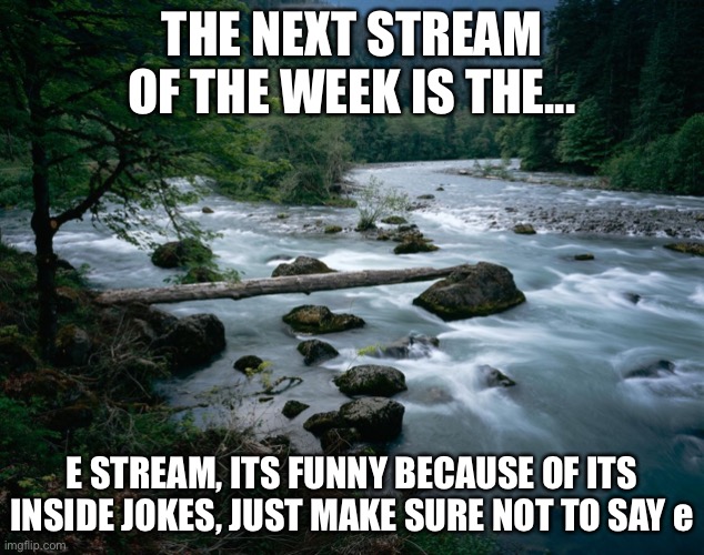 Stream number 3 |  THE NEXT STREAM OF THE WEEK IS THE... E STREAM, ITS FUNNY BECAUSE OF ITS INSIDE JOKES, JUST MAKE SURE NOT TO SAY e | image tagged in river | made w/ Imgflip meme maker