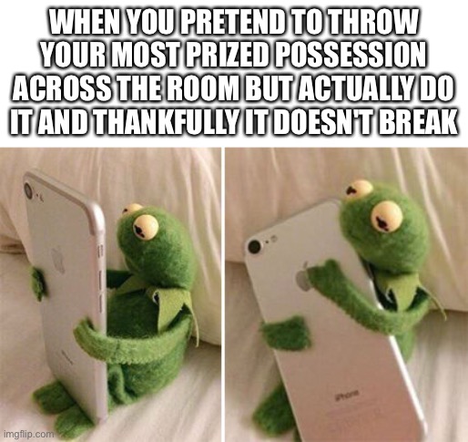 Kermit Hugging Phone | WHEN YOU PRETEND TO THROW YOUR MOST PRIZED POSSESSION ACROSS THE ROOM BUT ACTUALLY DO IT AND THANKFULLY IT DOESN'T BREAK | image tagged in kermit hugging phone | made w/ Imgflip meme maker