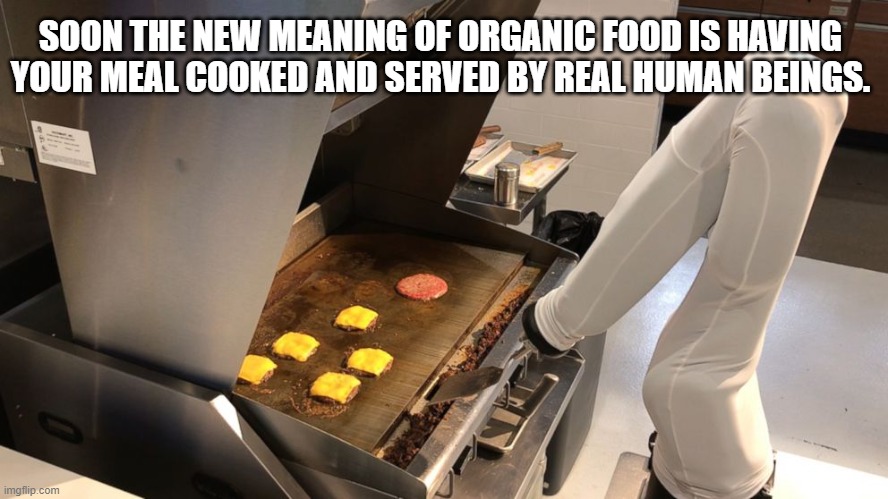 Future robot chefs of america | SOON THE NEW MEANING OF ORGANIC FOOD IS HAVING YOUR MEAL COOKED AND SERVED BY REAL HUMAN BEINGS. | image tagged in food,chefs,robots,workers,industrial robots,technological unemployment | made w/ Imgflip meme maker