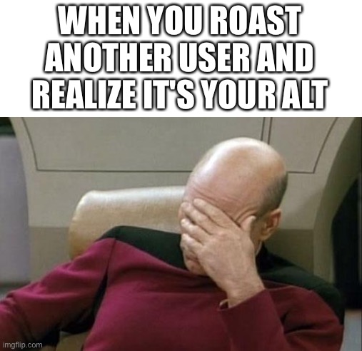 Captain Picard Facepalm | WHEN YOU ROAST ANOTHER USER AND REALIZE IT'S YOUR ALT | image tagged in memes,captain picard facepalm | made w/ Imgflip meme maker