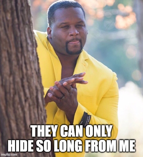 Black guy hiding behind tree | THEY CAN ONLY HIDE SO LONG FROM ME | image tagged in black guy hiding behind tree | made w/ Imgflip meme maker