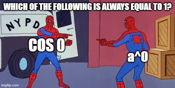 Math meme | WHICH OF THE FOLLOWING IS ALWAYS EQUAL TO 1? COS 0; a^0 | image tagged in spider man double | made w/ Imgflip meme maker