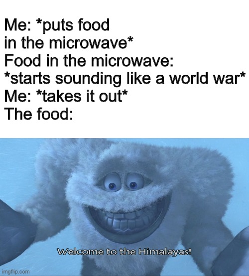 Y U NO GET WARM?! | Me: *puts food in the microwave*
Food in the microwave: *starts sounding like a world war*
Me: *takes it out*
The food: | image tagged in welcome to the himalayas | made w/ Imgflip meme maker