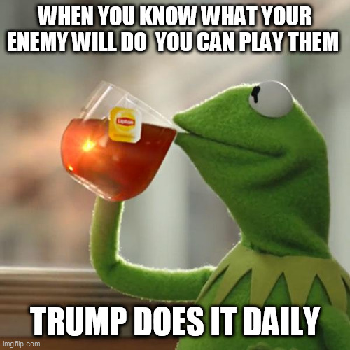 But That's None Of My Business Meme | WHEN YOU KNOW WHAT YOUR ENEMY WILL DO  YOU CAN PLAY THEM; TRUMP DOES IT DAILY | image tagged in memes,but that's none of my business,kermit the frog | made w/ Imgflip meme maker